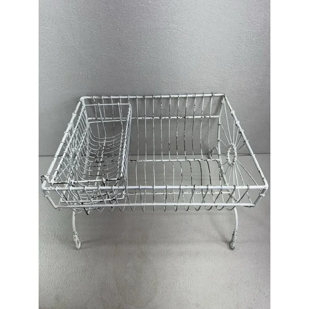 French Style Dish Rack White Wire Metal Farmhouse Counter Drying Rack VTG - Picture 13 of 13
